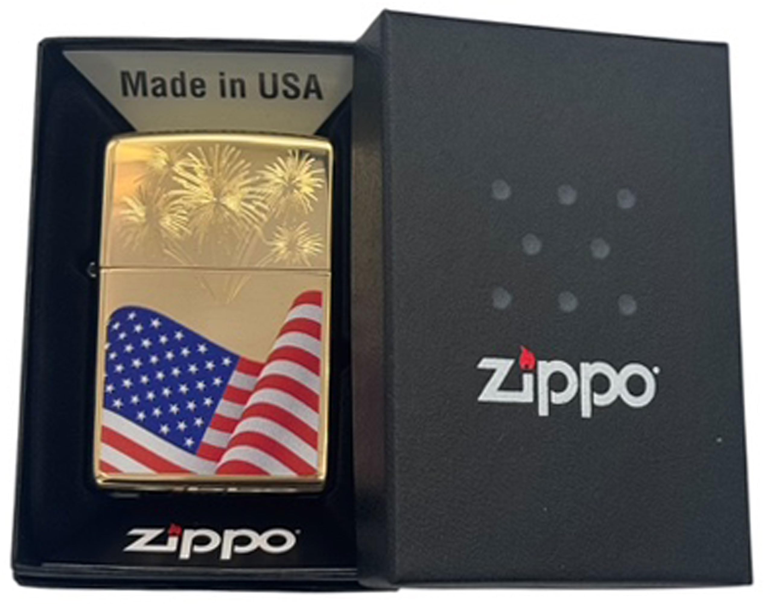 Zippo Lighter - Personalized Custom Message Engraved on Backside Fireworks and Flag Gold