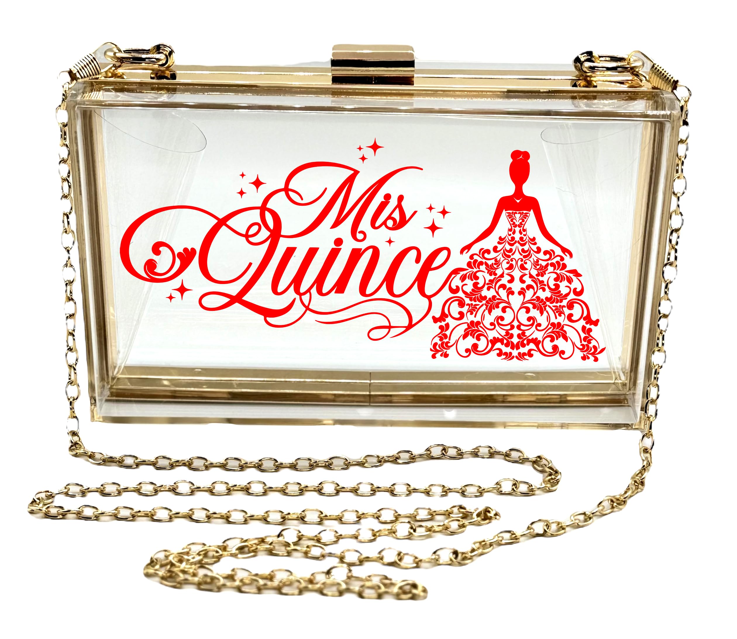 GIFTS INFINITY Mis Quince Años Quinceanera Purse for Women Acrylic Clutch Bag Shoulder Handbag with Removable Chain (Clear/Red)