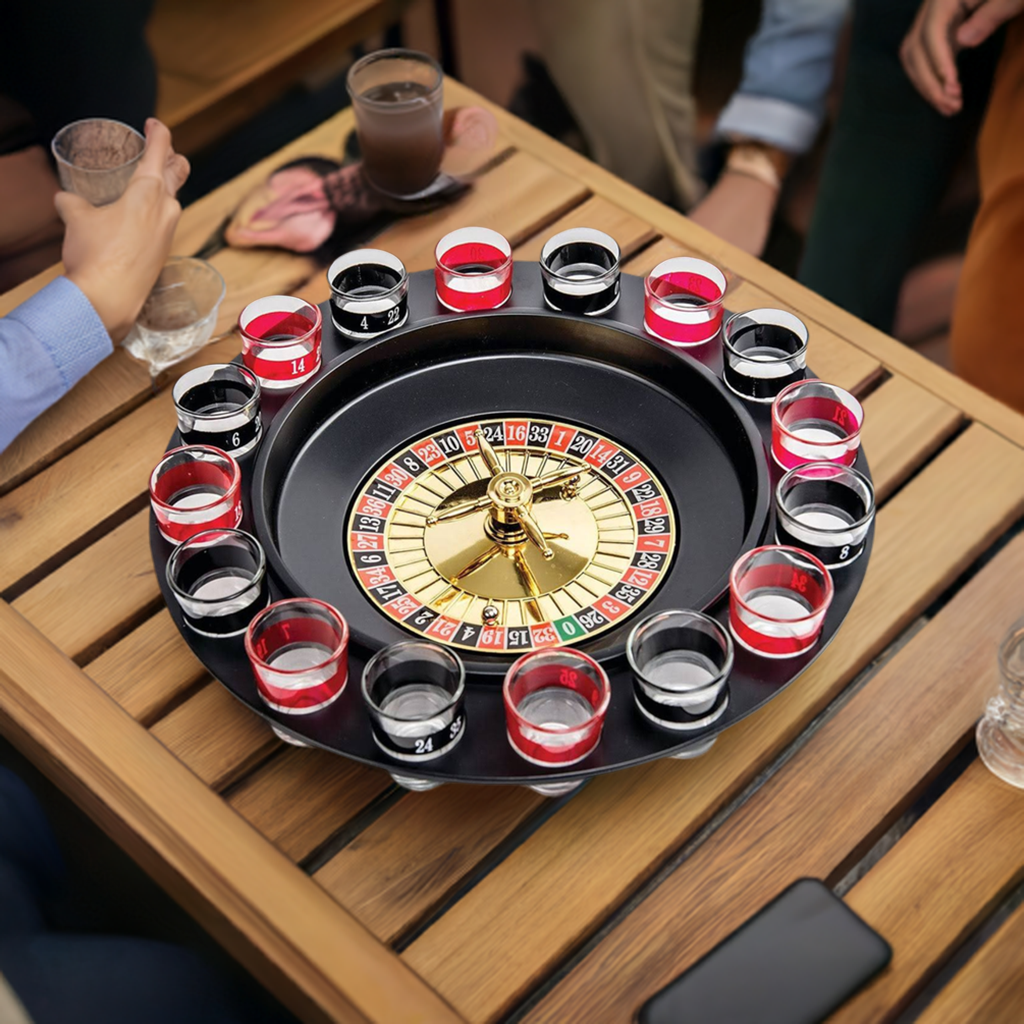 Roulette Set Entertaining Party Drinking Game - Shot Glass Roulette - Drinking Game Set (2 Balls and 16 Glasses)
