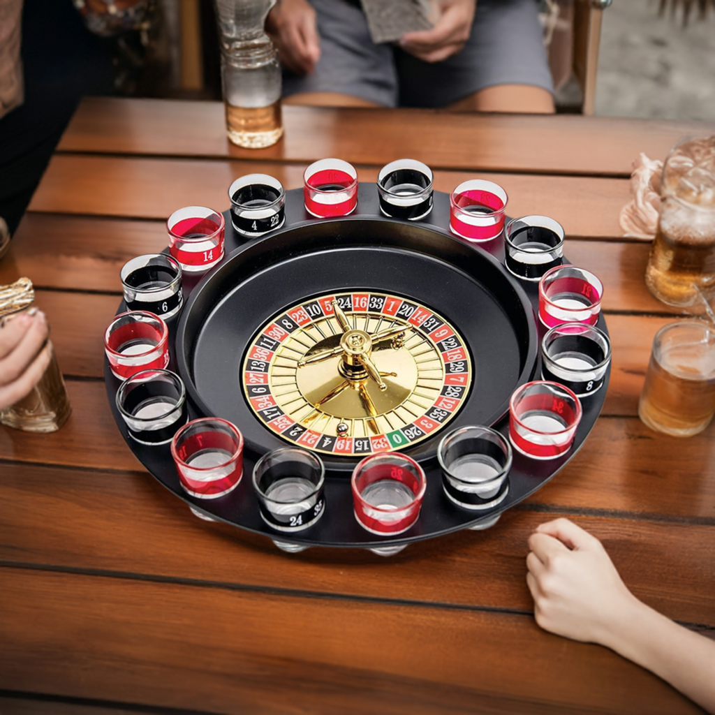 Roulette Set Entertaining Party Drinking Game - Shot Glass Roulette - Drinking Game Set (2 Balls and 16 Glasses)