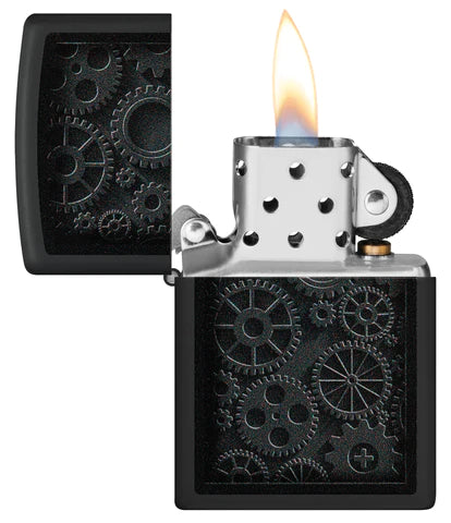 Zippo Steampunk Design Black Matte Lighter in a Monochromatic Color Image Design