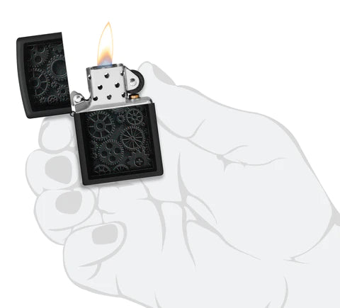 Zippo Steampunk Design Black Matte Lighter in a Monochromatic Color Image Design