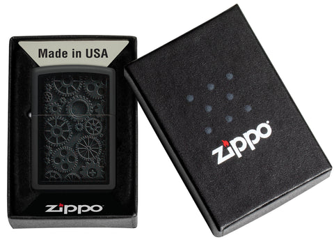 Zippo Steampunk Design Black Matte Lighter in a Monochromatic Color Image Design
