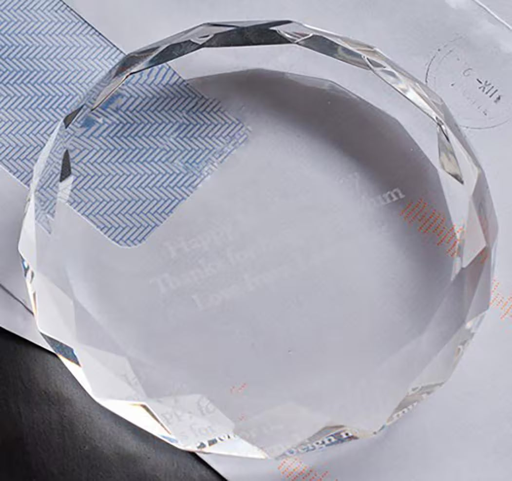 Custom Engraved Round Crystal Glass Paperweight – Personalized Gift for Anniversary, Wedding, or Corporate Recognition