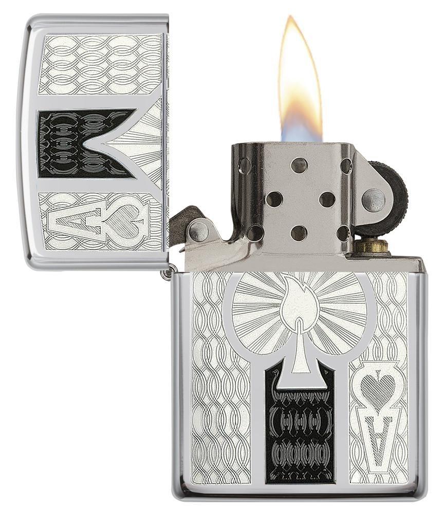 24196, Intricate Ace of Spades, Color Image & Auto Engrave, High Polish Chrome, Classic Case