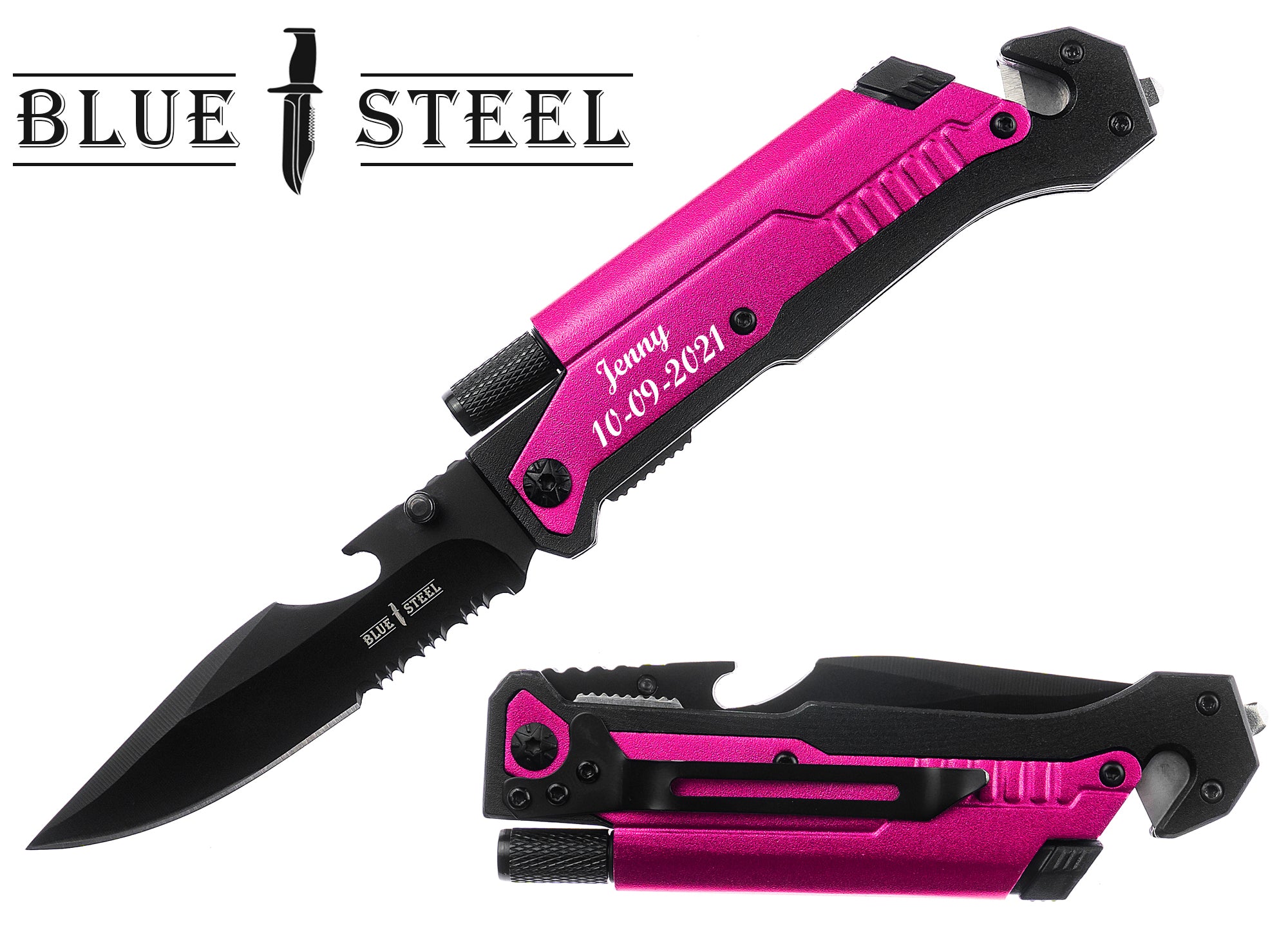 GIFTS INFINITY 8.5" Overall Personalized Engraved Tactical Knives 6-in-1 Survival Pocket Knife with Magnesium Fire Starter