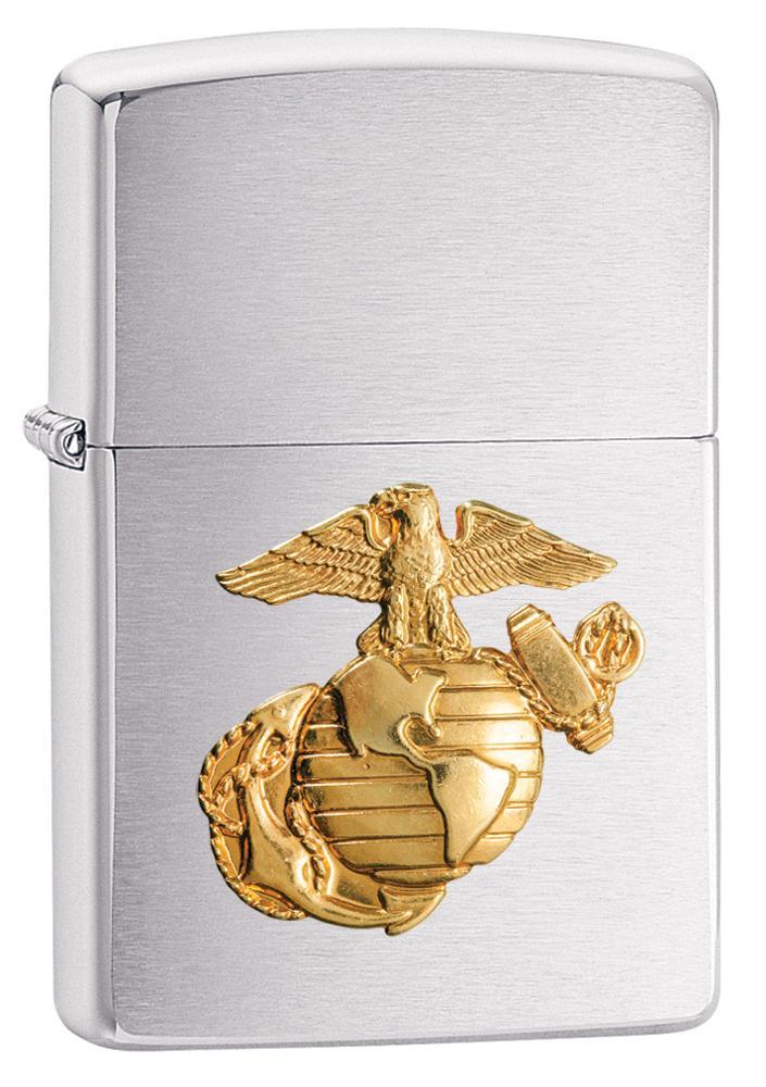 280MAR- United States Marine Corps Winproof Zippo Lighter, Brushed Chrome Finish & Brass Military Emblem