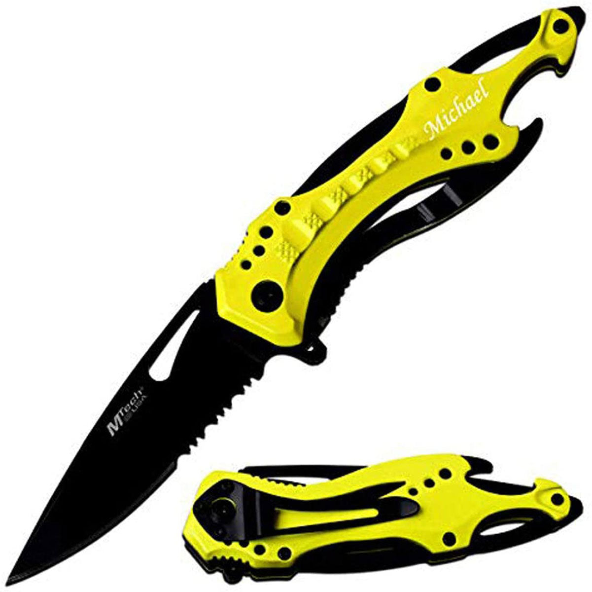 GIFTS INFINITY 4.5" Closed Personalized Engraved Folding Pocket Knife, Black Stainless Steel Tactical Blade Knife with Yellow Handle