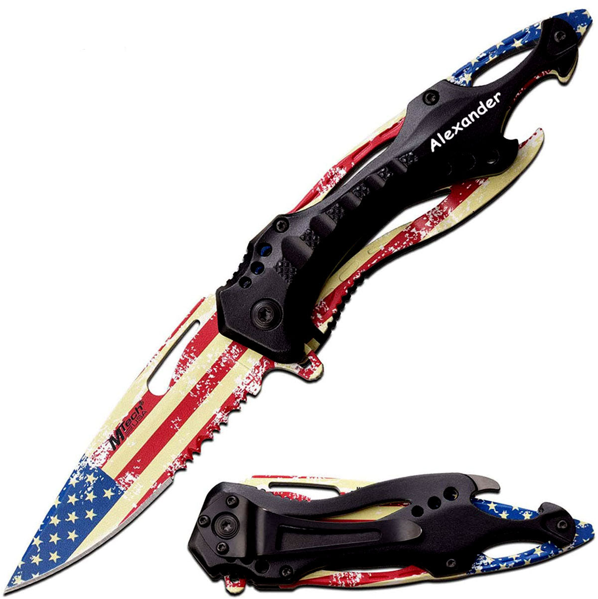 GIFTS INFINITY 4.5 Closed Spring Assist Pocket Folding Knife, Sharp USA Flag Print Blade, Black Aluminum Handle