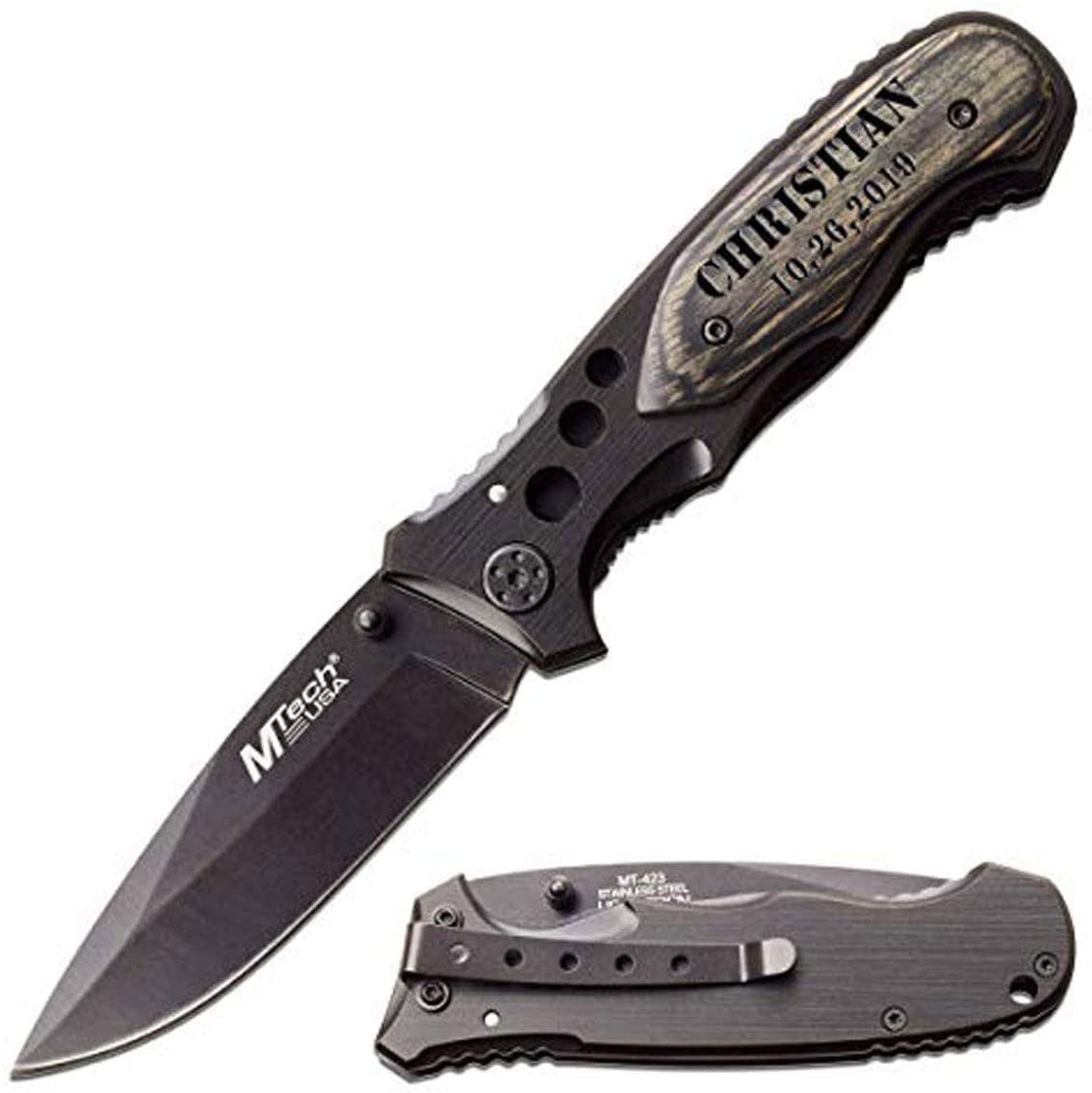 GIFTS INFINITY Customized Engraved Pocket Folding Knife, Groomsmen Wedding Party, 4.5" Closed Wooden Tactical Knife