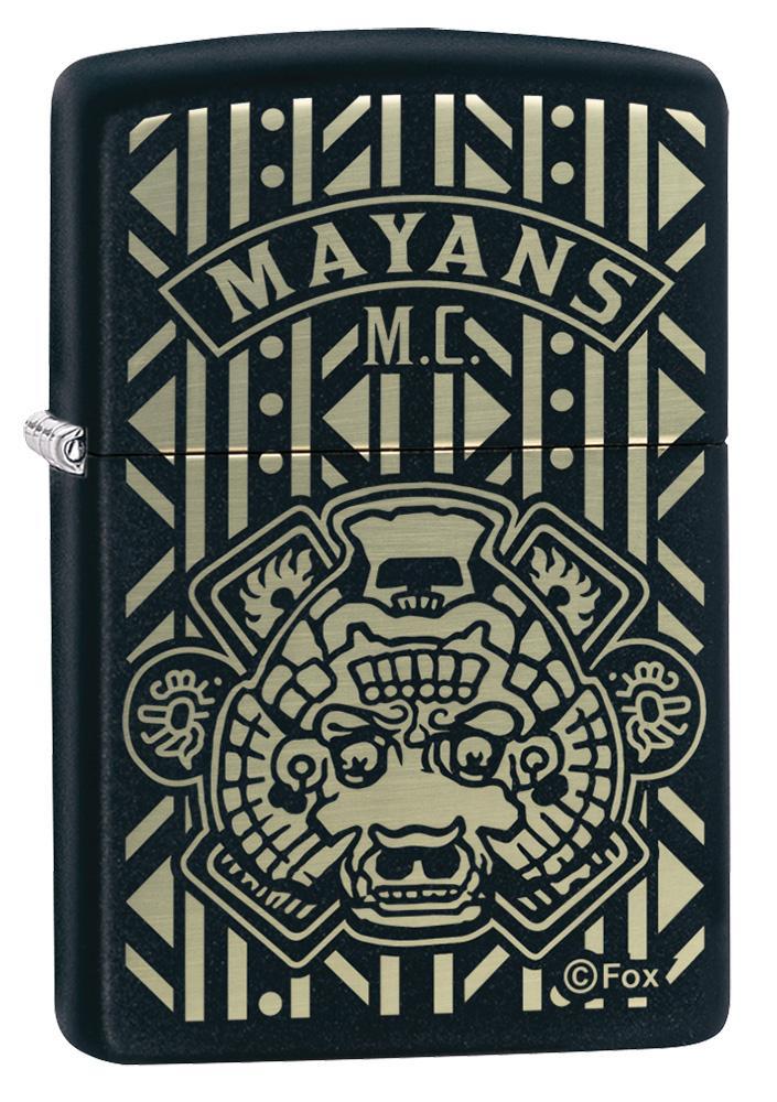 Mayans M.C. Black Matte windproof lighter facing forward at a 3/4 angle
