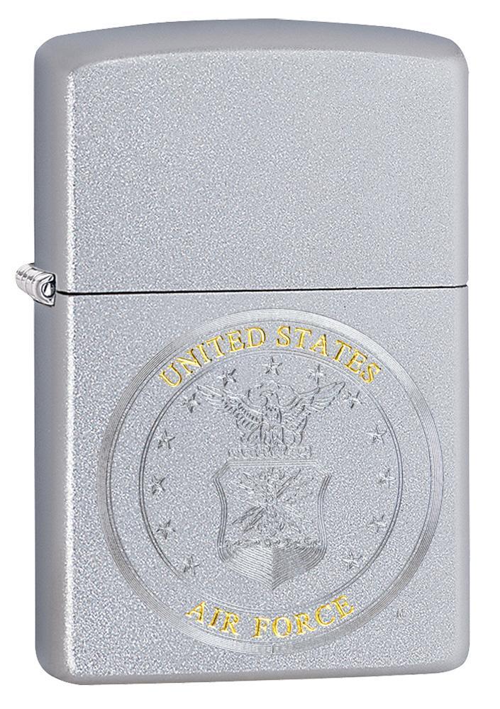U.S. Air Force Satin Chrome windproof lighter standing at a 3/4 angle, facing forward