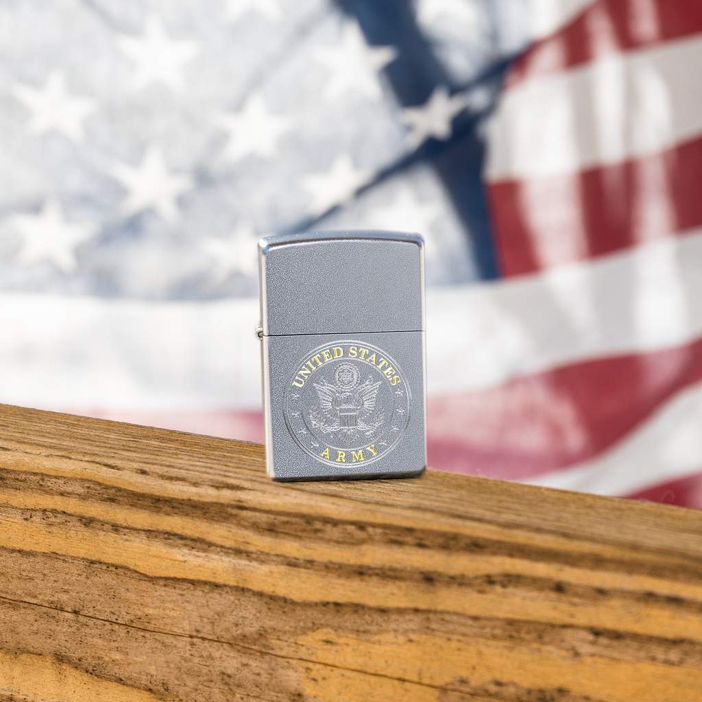 U.S. Army Satin Chrome windproof lighter facing forward at a 3/4 angle