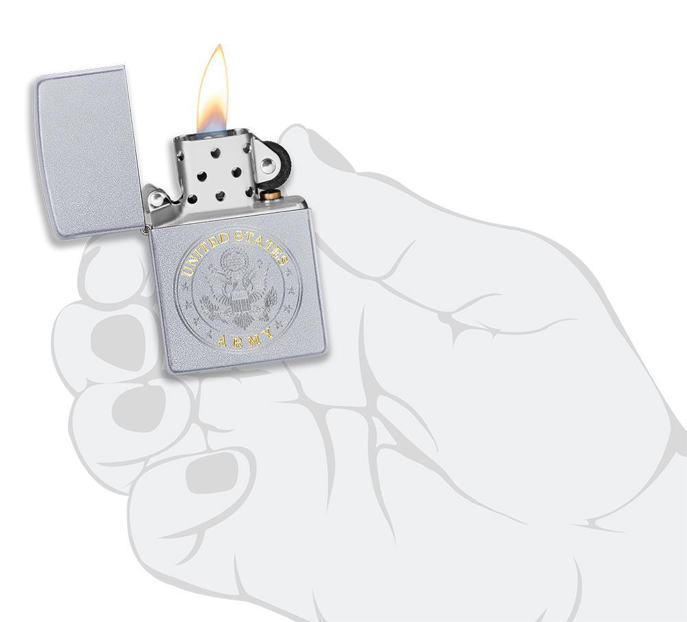 U.S. Army Satin Chrome windproof lighter facing forward at a 3/4 angle