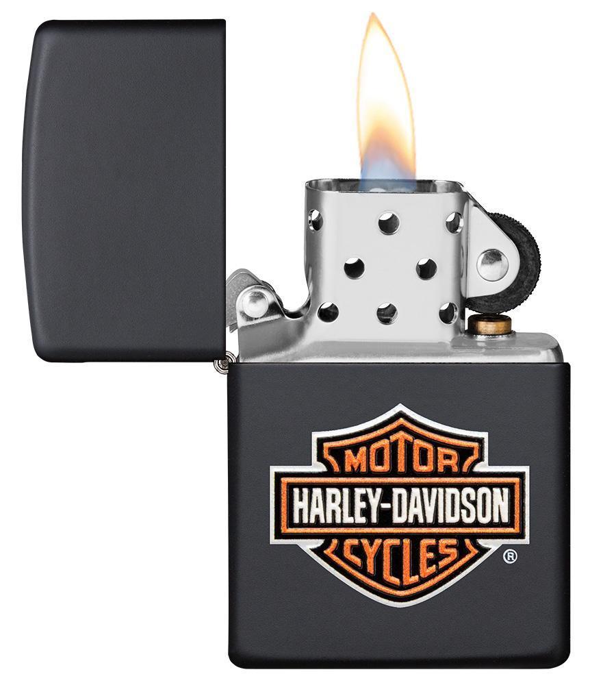 Harley-Davidson® Texture Print Classic Logo Black Matte Lighter with its lid open and lit