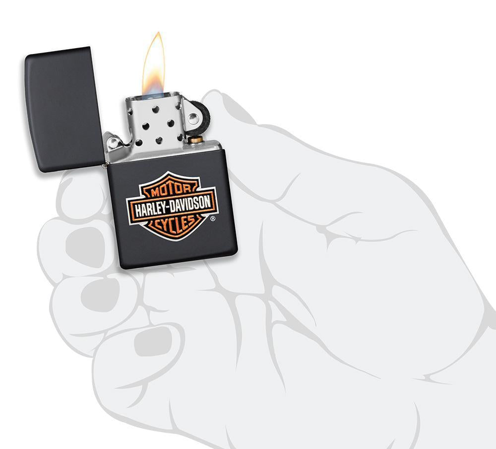 Harley-Davidson® Texture Print Classic Logo Black Matte Lighter in hand and lit