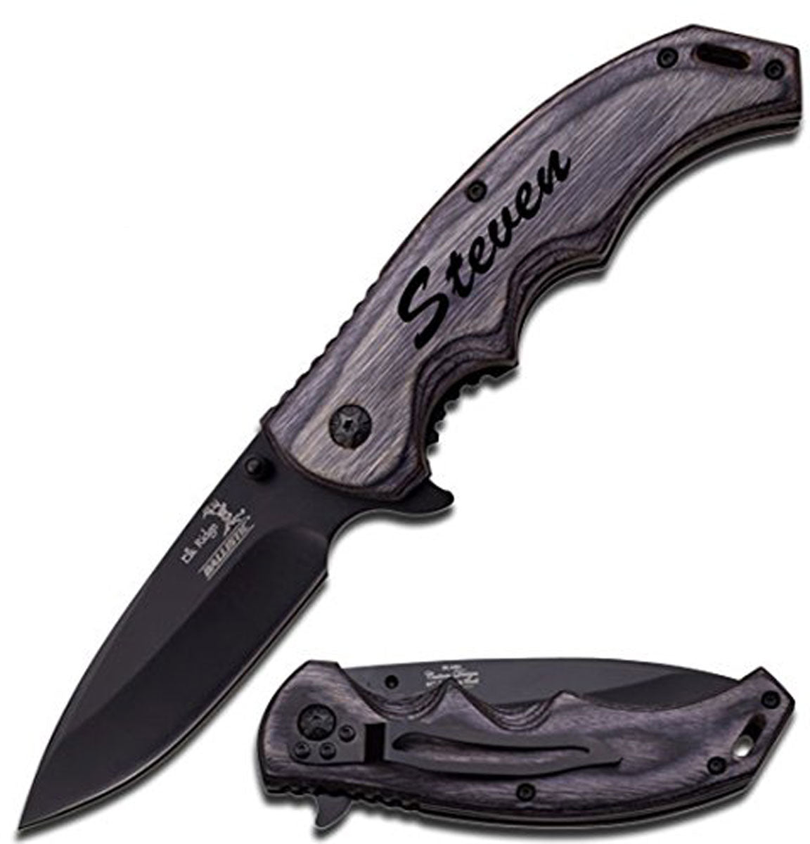 GIFTS INFINITY Personalized Laser Engraved 4.75" Closed Pocket Folding Tactical Knife with Stonewashed Blade, Wooden Handle