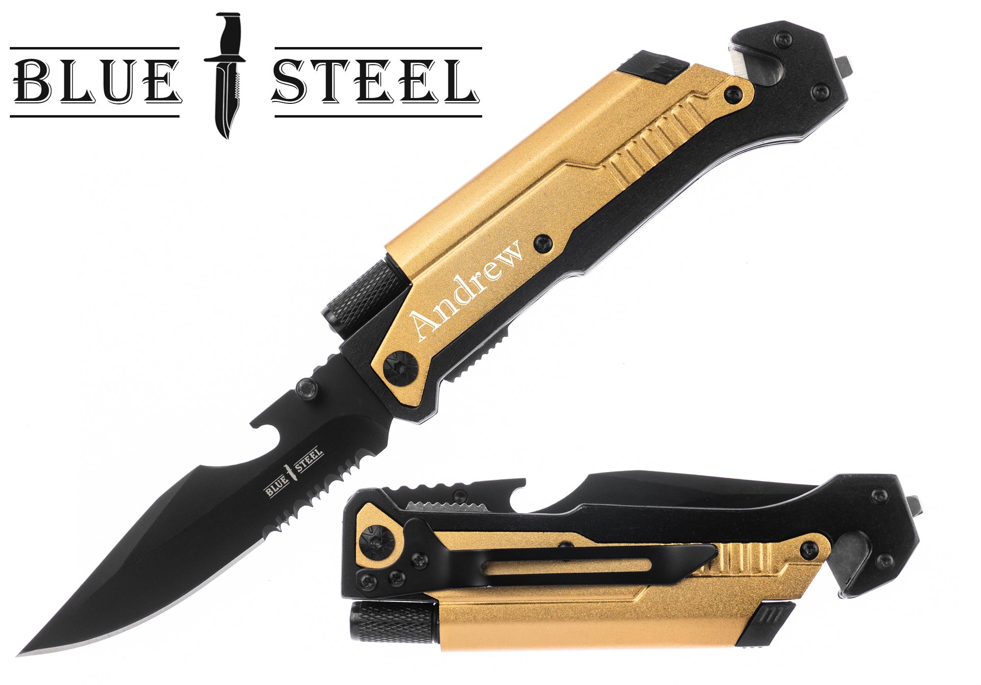 GIFTS INFINITY 8.5" Overall Personalized Engraved Tactical Knives Pocket Knife with Magnesium Fire Starter, LED Flashlight