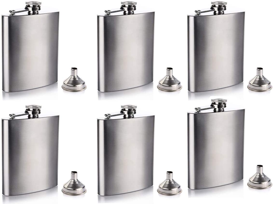 Gifts Infinity 6 Pack 8 oz Funnel-Included Polished Stainless Steel Flask with Screw-Down Cap for Convenient Pouring