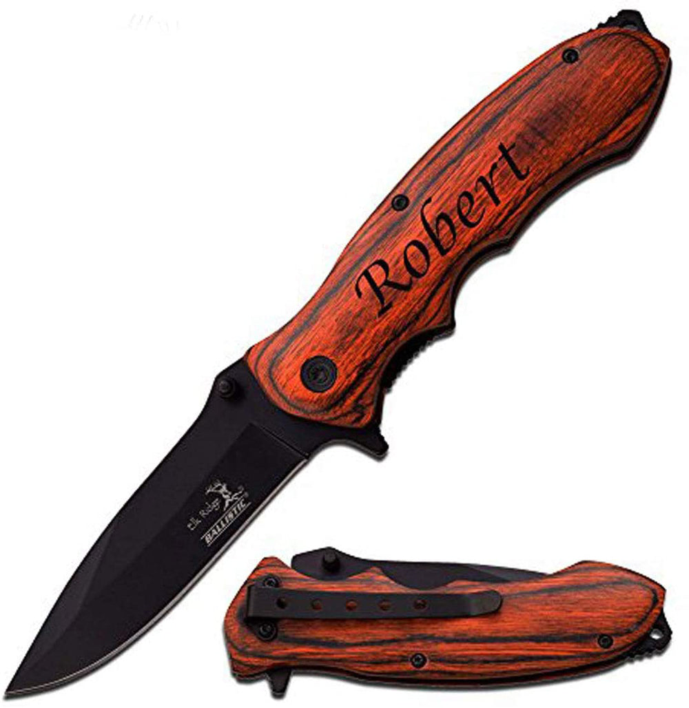 GIFTS INFINITY Personalized Laser Engraved 4.5" Closed Pocket Knife with Stonewashed Blade, Brown wood Handle