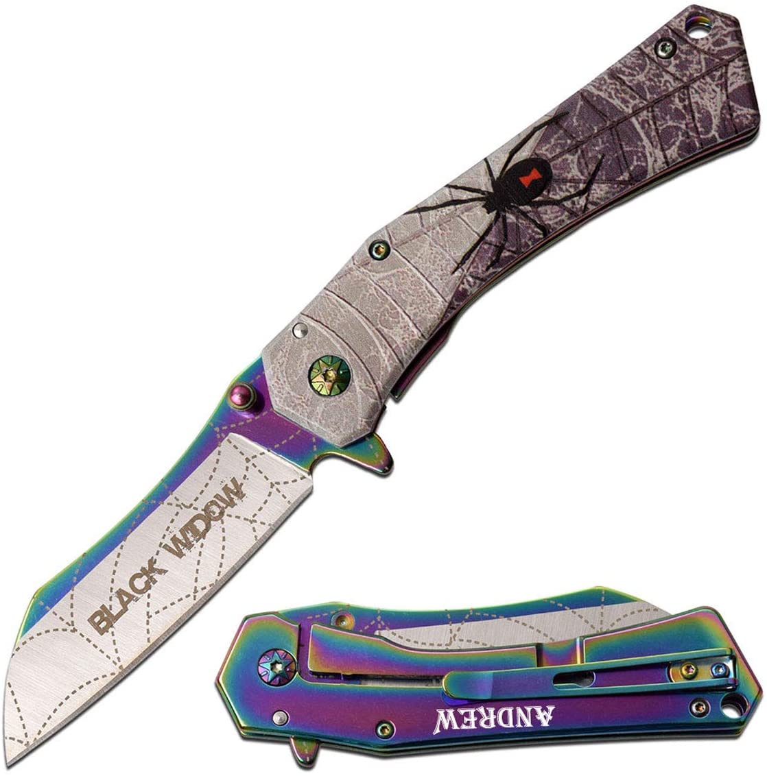 GIFTS INFINITY 7.75" Overall Black Widow Spider 3D Handle Pocket Folding Knife, Rainbow Titanium Blade