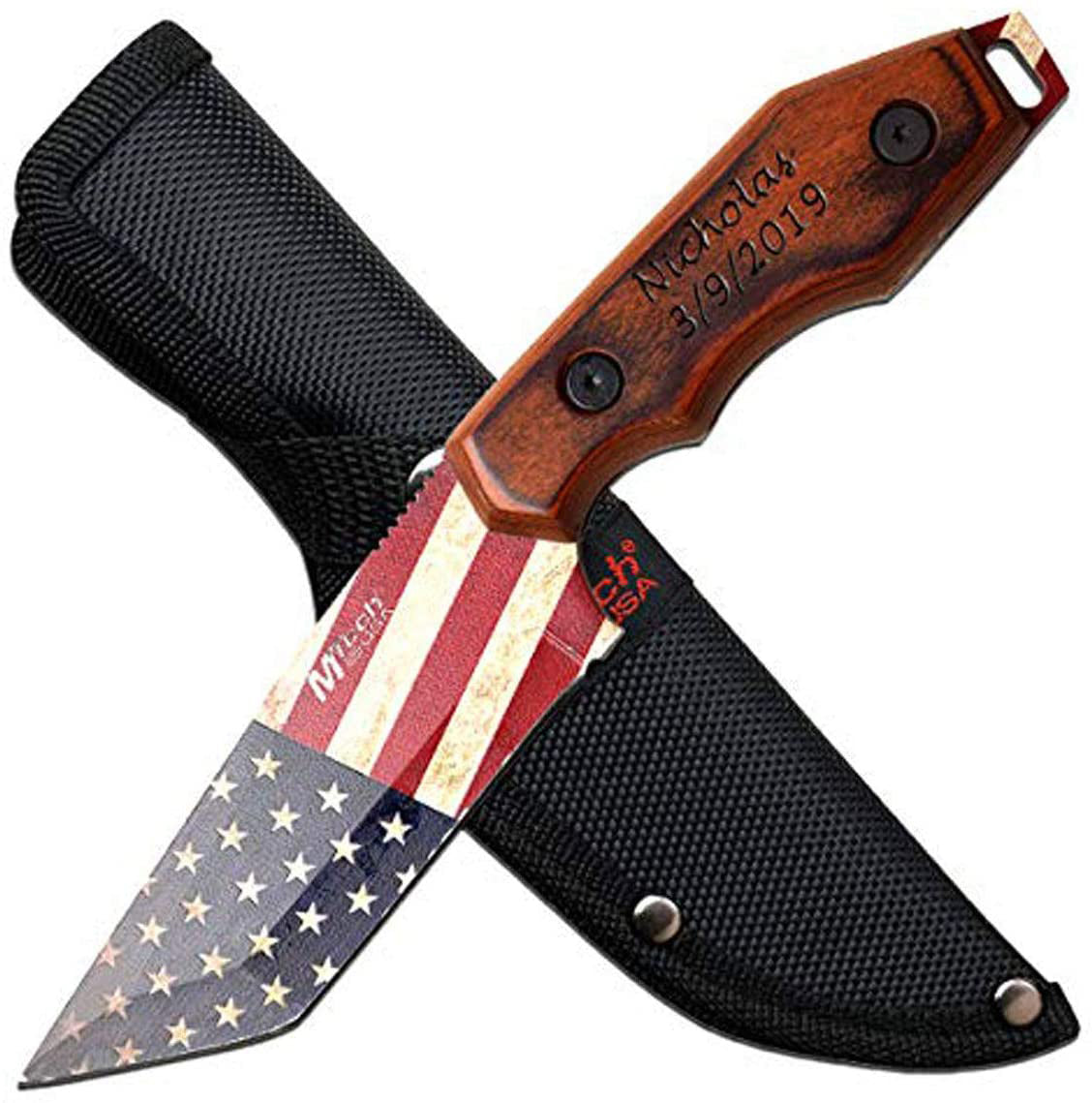 GIFTS INFINITY 8.25 Overall Personalized Laser Engraved Knife, USA Flag Printed Stainless Steel Blade