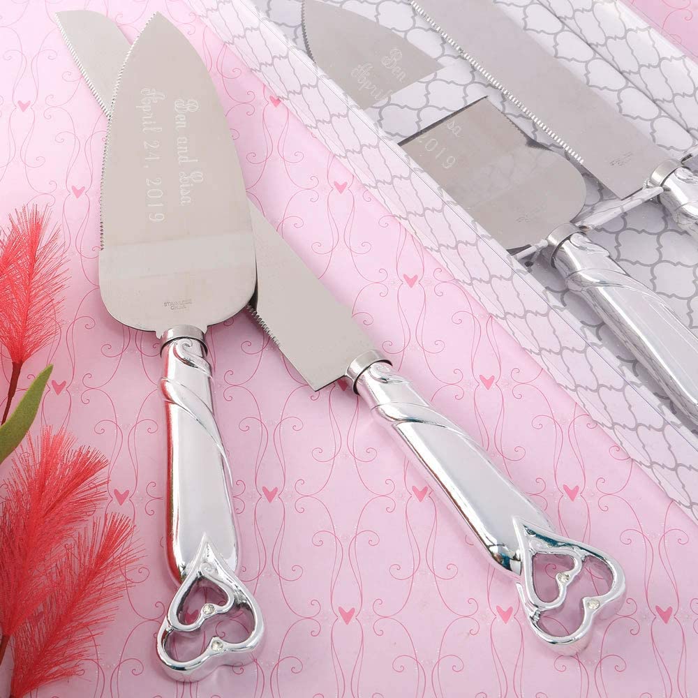 GIFTS INFINITY Personalized Double Heart Wedding Interlock Silver Cake 12" Knife and 10" Server Set Free Engraving