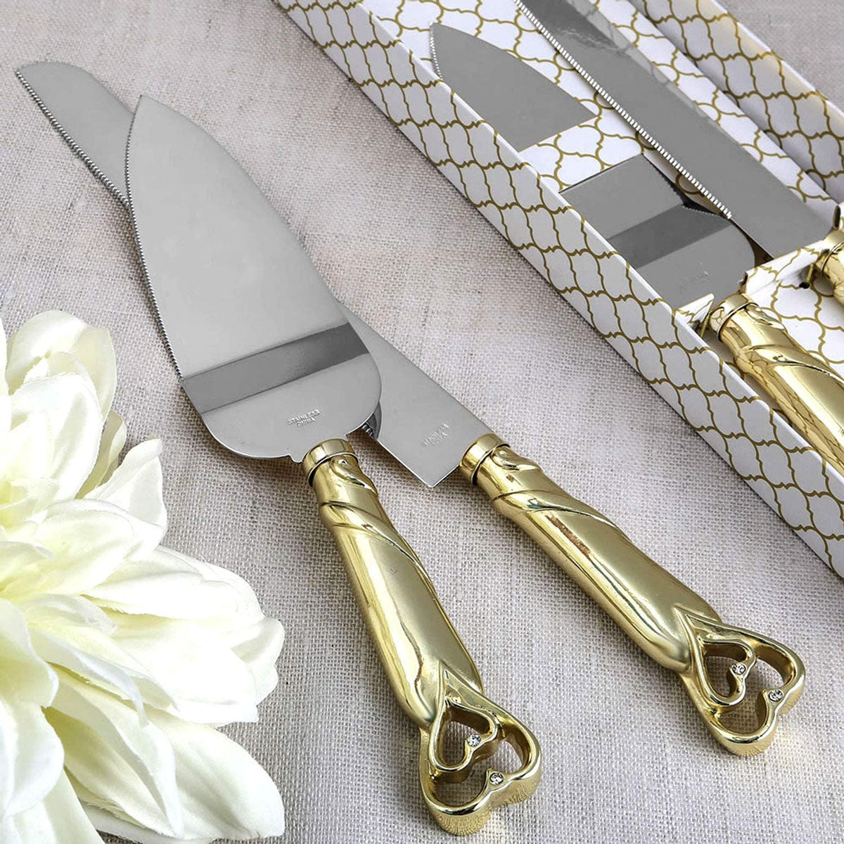 Cake Knife and Server Gold Double Heart