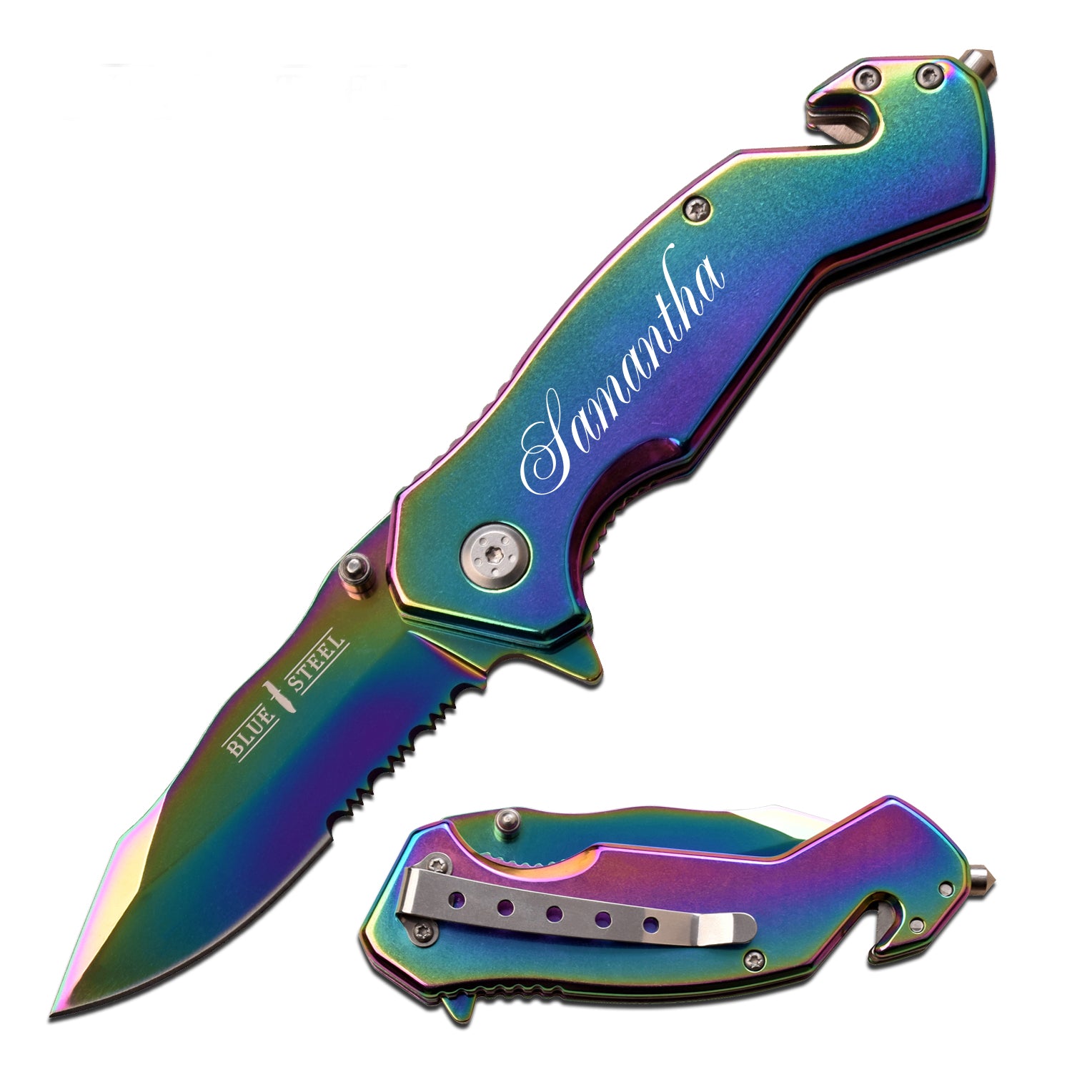 GIFTS INFINITY Customizable Engraved 7.25" Folding Pocket Knife with Seatbelt Cutter and Glass Breaker with Belt Clip