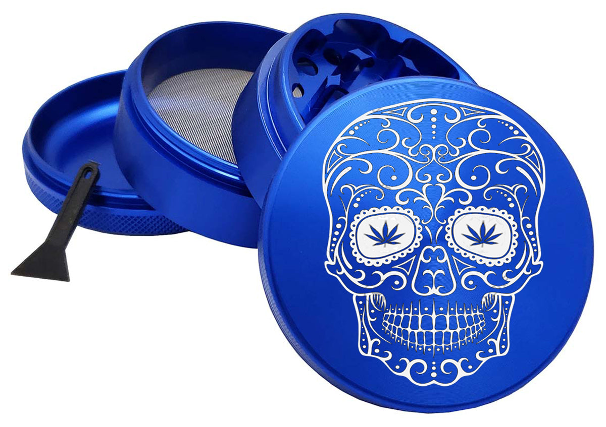 Sugar Skull 65mm Green Metal Spice Herb 4 Part Blue Grinder