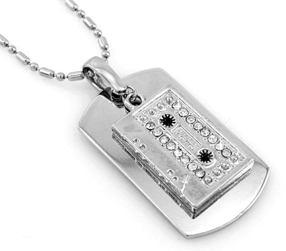 Cassette tape Silver Tone Dog Tag Necklace