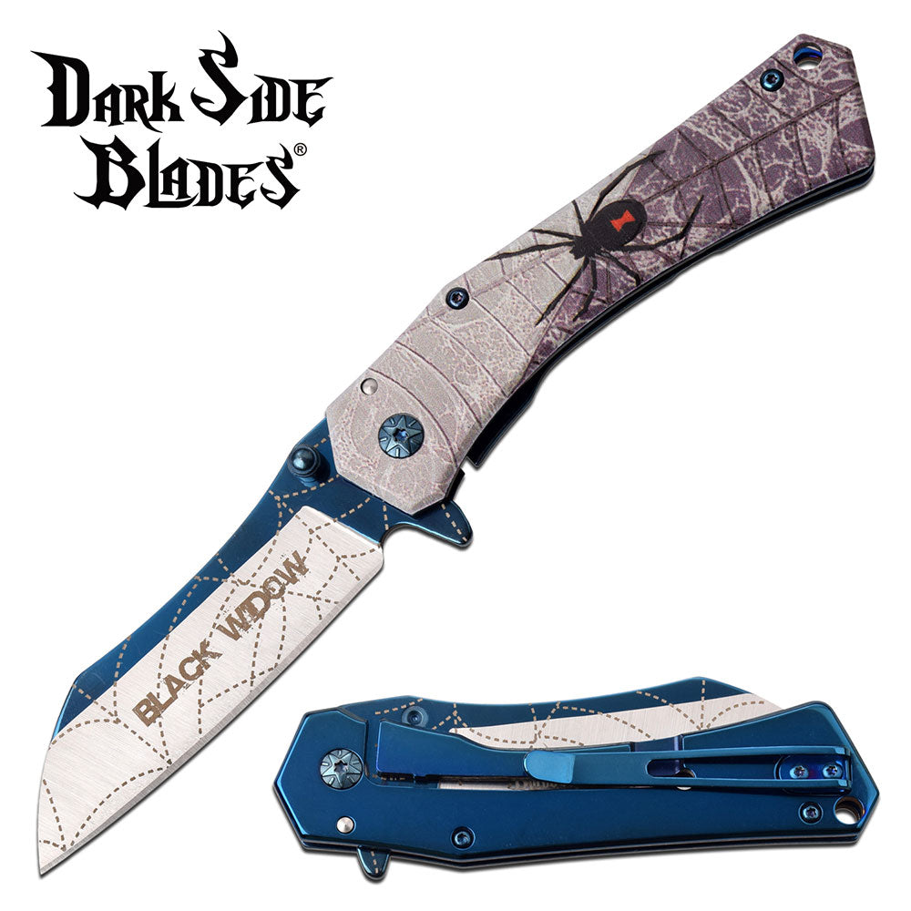 GIFTS INFINITY 7.75" Overall Black Widow Spider 3D Handle, Folding Knife Survival Knife, Blue Titanium Blade