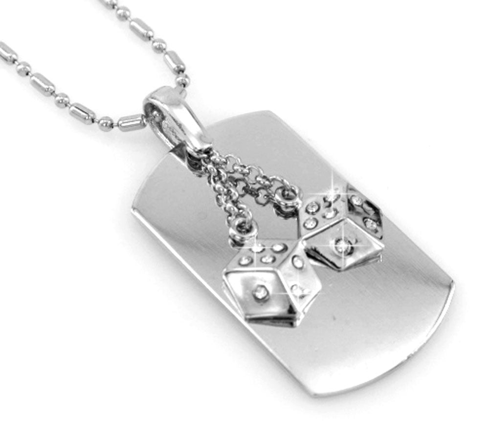 Lucky Dice Silver Tone Dog Tag Necklace