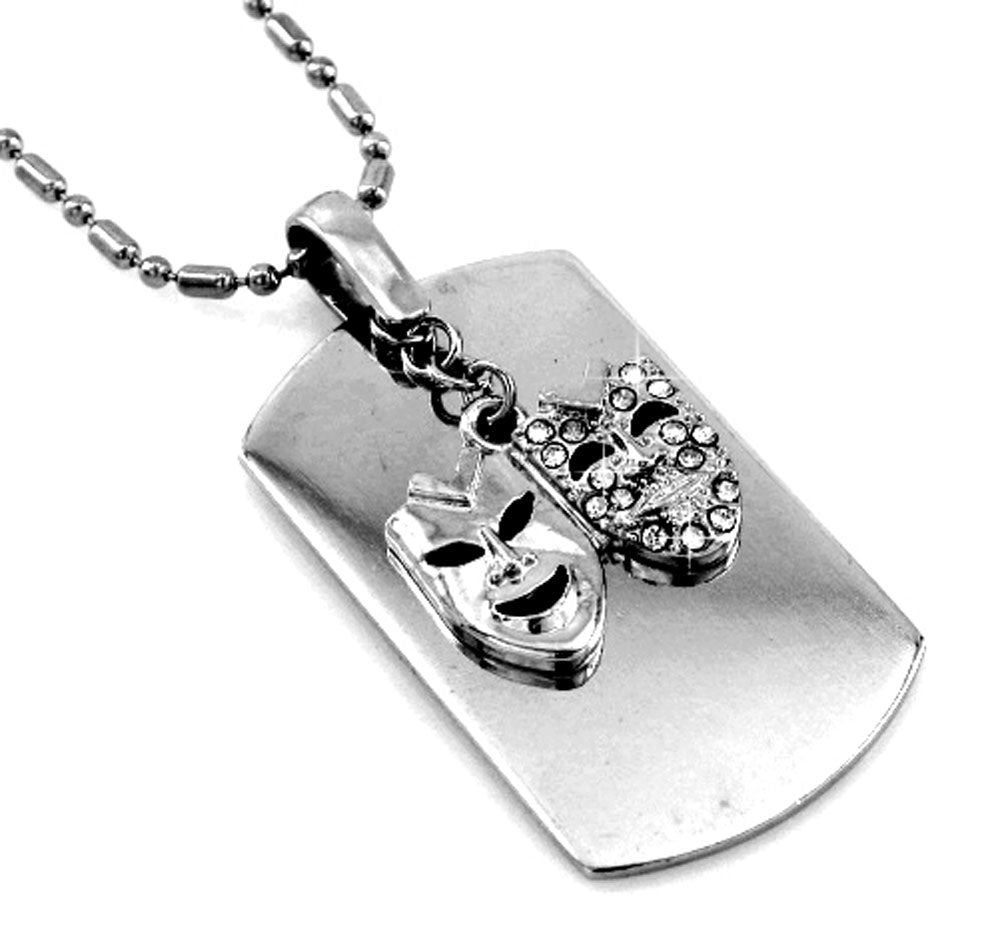 Drama Face Silver Tone Dog Tag Necklace