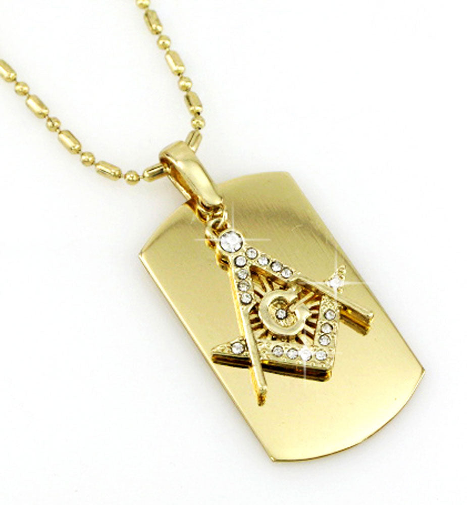 Dog Tag Square & Compass with Rhinestones Masonic Necklace