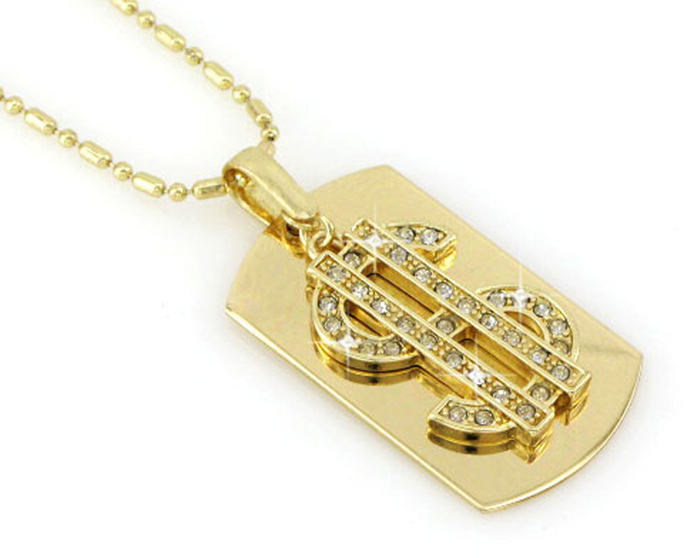 Dollar Sign Gold Tone Dog Tag Necklace
