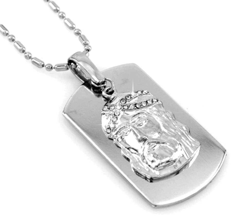 Jesus Face Silver Tone Dog Tag Necklace