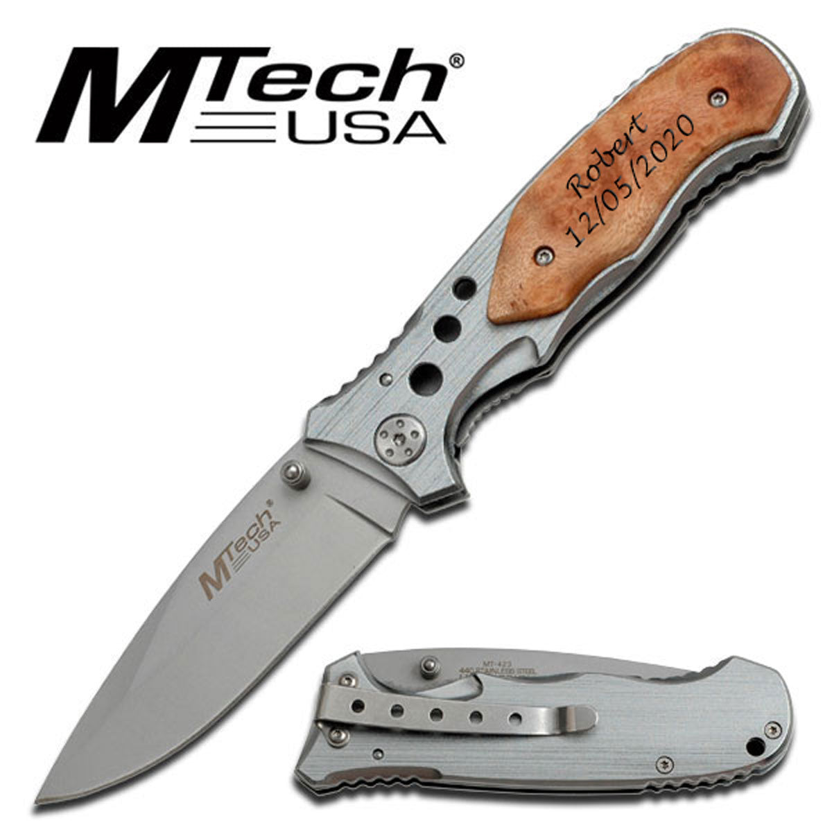 GIFTS INFINITY Personalized Pocket Knife for Men Tactical Knives, 4.5"" Closed Aluminium Handle with Wood Overlay