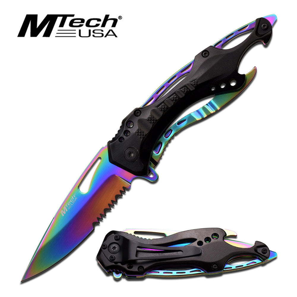 GIFTS INFINITY 4.5" Closed Spring Assist Pocket Folding Knife, Sharp Rainbow Coated Blade, Black Aluminum Handle