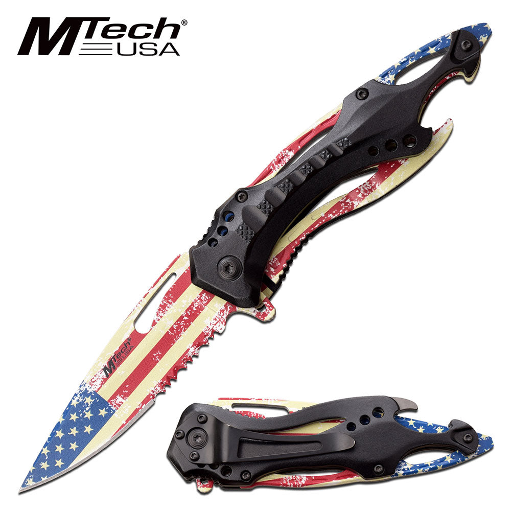 GIFTS INFINITY 4.5 Closed Spring Assist Pocket Folding Knife, Sharp USA Flag Print Blade, Black Aluminum Handle