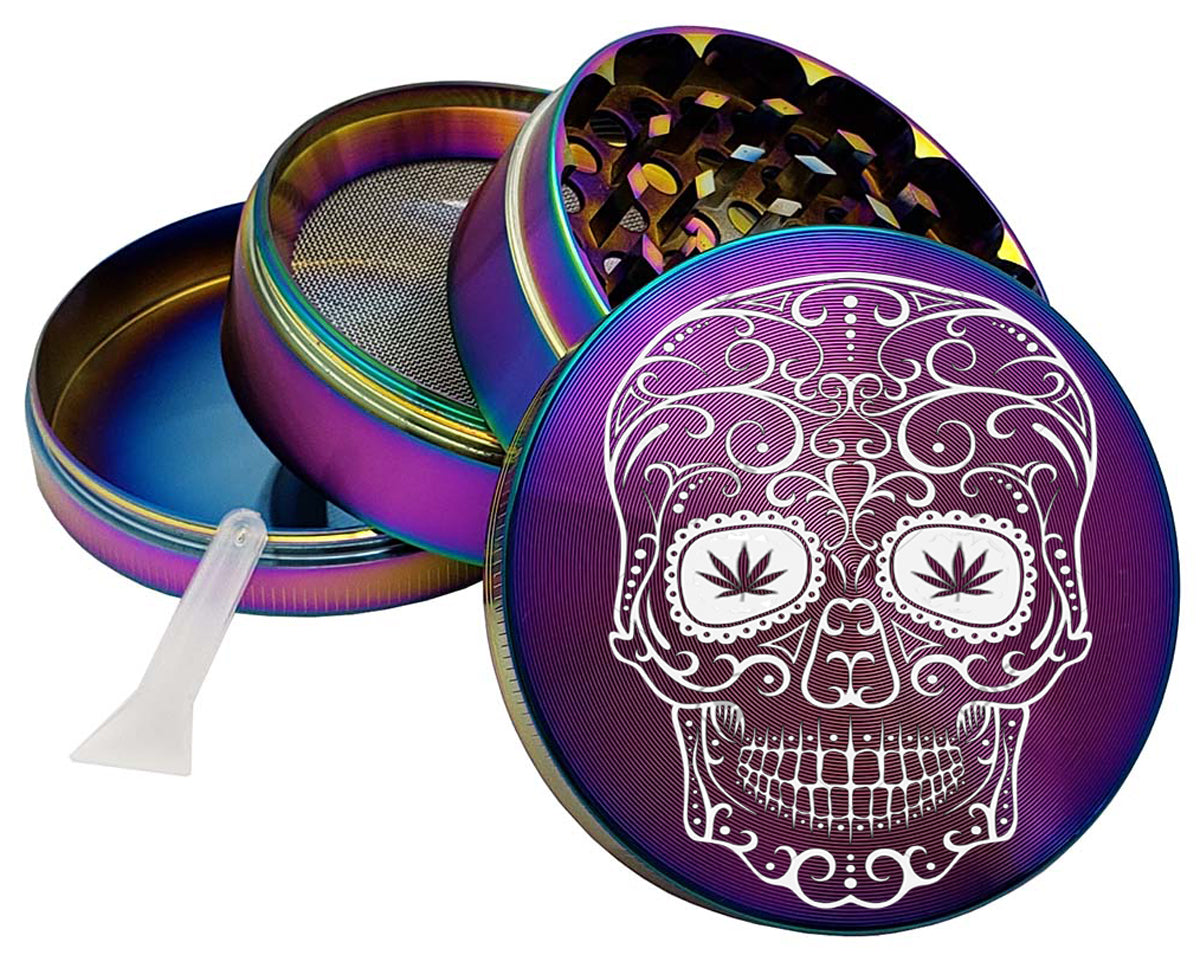 Sugar Skull 65mm Green Metal Spice Herb 4 Part Rainbow Grinder
