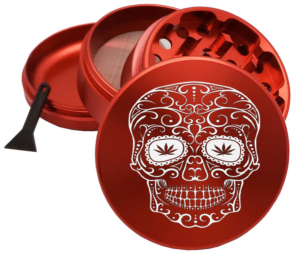 Sugar Skull 65mm Green Metal Spice Herb 4 Part Red Grinder