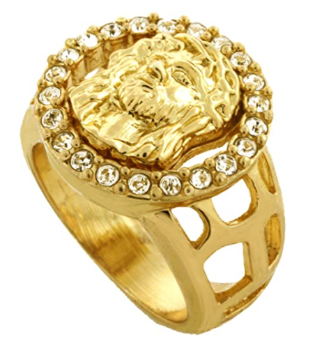 Gifts Infinity Men Jesus Face Gold Tone Men's Hip Hop Micro Pave High Roller Ring - Covered with rhinestones