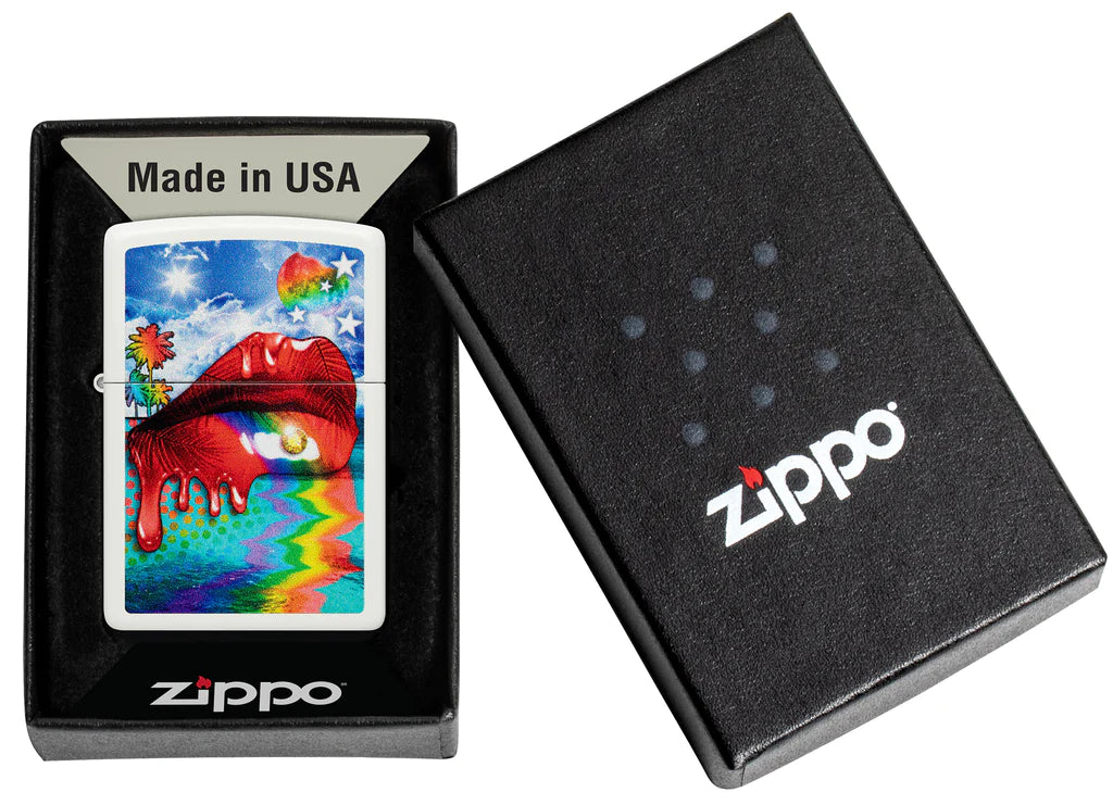 Zippo Gleaming Lips Design A Pair Of Glimmering Lips Melts Under A Dazzling Sky On This White Matte Lighter
