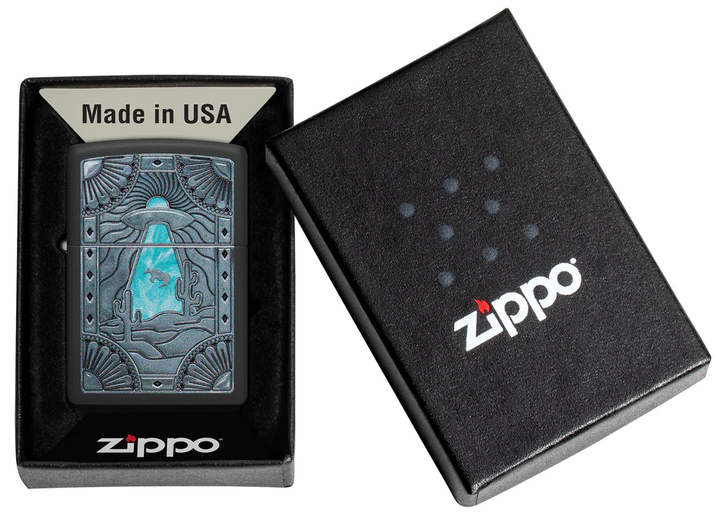 Zippo Cow Abduction Design Spacecraft's Bright Blue Beam Cuts Through The Monochromatic Color Image Design