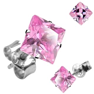 Pair of .925 Sterling Silver Stud Earring w/Pink Princess Cut Shaped 7 MM Cubic Zirconia