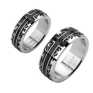 Stainless Steel Black IP Tribal with a Cross Ring Size 7