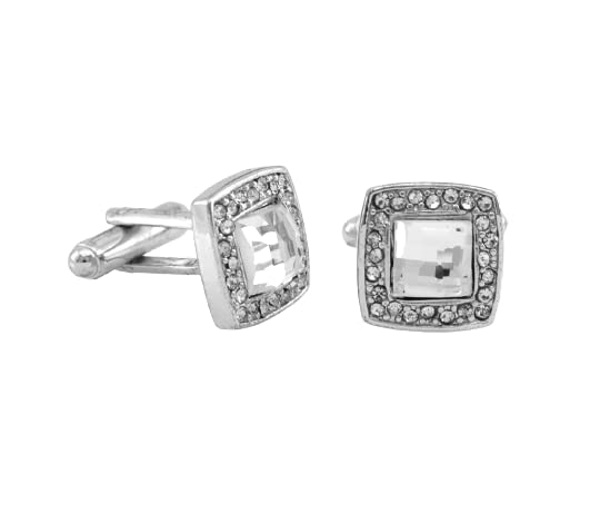 Elegant CZ Square Design Silver Tone Cufflinks Gift Boxed