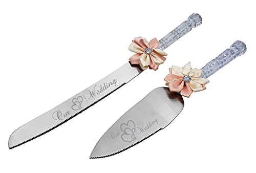 GIFTS INFINITY Your Wedding Interlock Hearts, Clear Crystal Plastic Handle Bow, Lovely Gift and Great Keepsake Item, Special Touch of Elegance Wedding (Peach)
