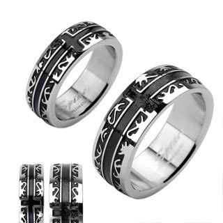 Stainless Steel Black IP Tribal with a Cross Ring Size 10